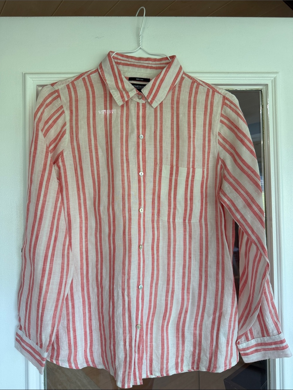 Jones New York red white striped linen button front shirt - size M